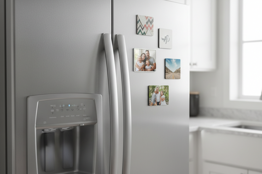 fridge magnet on a desk, there is a family picture on the magnet. Magnet is 2.5 inch by 2.5 inch